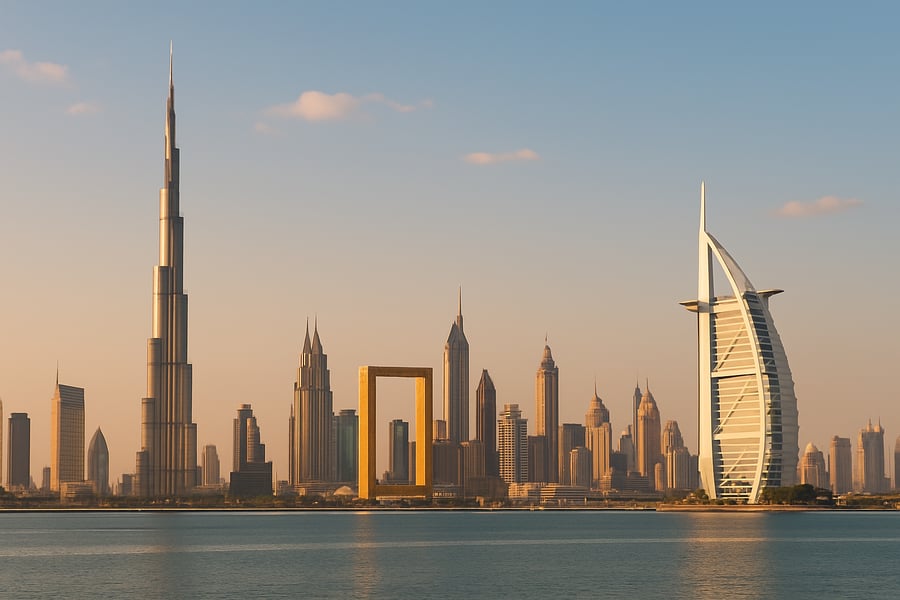 Skyline of Dubai with famous landmarks Skyline of Dubai with famous landmarks